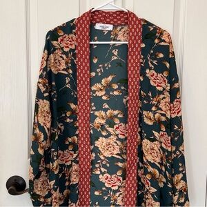 Cathy Jean Green Floral Kimono with Rust Geometric Trim